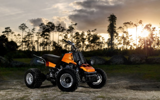Orange fourwheeler dirtroad sunset forest - product photo free wallpaper for desktop