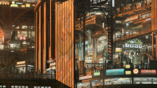 Futuristic city lights clock tower 2 - center area free wallpaper