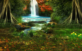 Waterfall forest flowers stream autumn - flower and trees free wallpaper