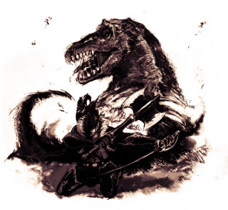 Dinosaur attacking man horse sword - akihiko yoshida free wallpaper for tablet