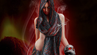 Woman skull scarf red background - a red light behind her free wallpaper