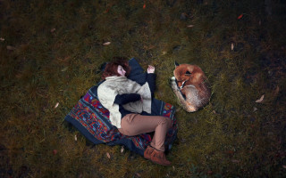 Woman dog grass lying nature - storybook illustration free wallpaper for desktop