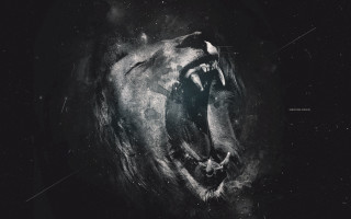 Lion mouth open black white - llustration free wallpaper