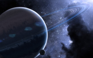 Planet rings stars space aurora - blue light free wallpaper