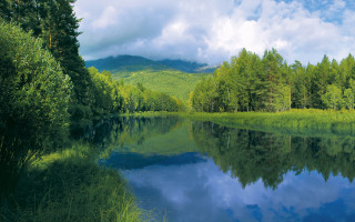 Lake mountains trees clouds blue 3 - alexander brook free wallpaper