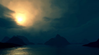 Ocean mountain sun clouds night - volumetric lighting free wallpaper