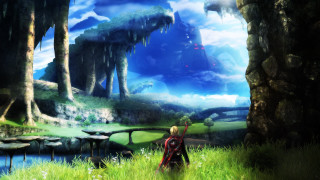 Man red backpack forest lake - game art free wallpaper for desktop