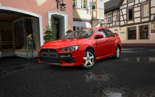 Red car pink building cobblestone - computer graphic free wallpaper