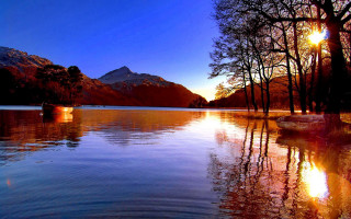 Lake boat mountain sunset reflection - adam bruce thomson free wallpaper