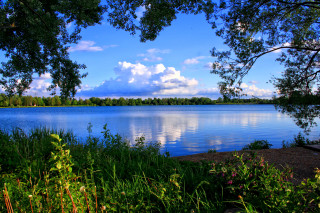 Lake bench clouds trees impressionism - a bench in the foreground free wallpaper