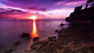 Sunset ocean rocks water purple - rock and water free wallpaper