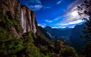 Waterfall mountains trees rocks sky - the mountain free wallpaper