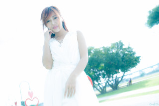 Woman white dress cell phone 4 - bench free wallpaper