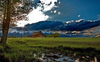 Barn field mountain stream sunset - a barn in a field free wallpaper