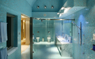 Bathroom glass shower blue tiles - a mirror free wallpaper