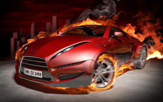 Red flames sports car city - flame free wallpaper