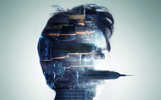 Futuristic man cityscape skyscraper reflection - double free wallpaper