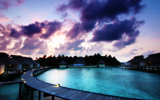 Sunset dock resort clouds magic - dreamlike free wallpaper for desktop
