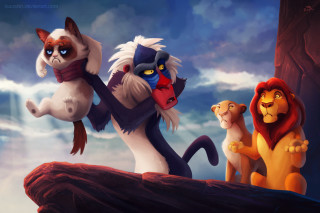 Cartoon animals cliff sky clouds - cloud behind them free wallpaper
