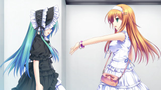 Anime girls dresses hats pointing - their hand together free wallpaper