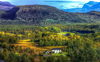House forest mountains blue sky - hdr free wallpaper for desktop