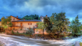 House river bridge trees stormy - massurrealism free wallpaper