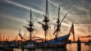 Large boat docked pier sunset - fitz henry lane free wallpaper