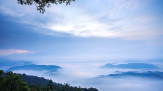 Mountain range foggy sky trees - a view of a mountain range free wallpaper