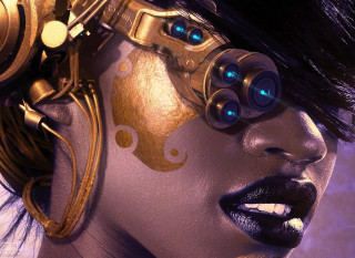 Woman futuristic headpiece blue eyes - solarpunk free wallpaper