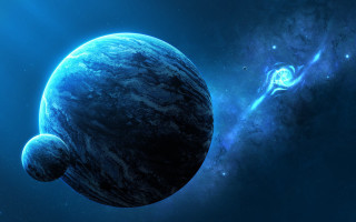 Blue planet stars moon aurora - two smaller planet free wallpaper