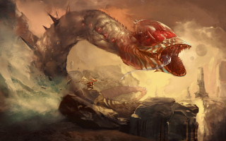 Giant monster attack river fantasy - a man in a boat free wallpaper