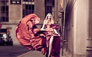 Red dress umbrella sitting city - a ledge free wallpaper for desktop