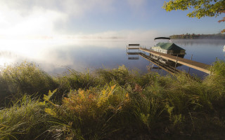 Lake dock boat fog trees - a boat dock free wallpaper