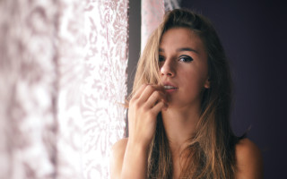 Woman window curtain portrait blonde - a curtain free wallpaper