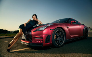 Woman red sports car road - the hood free wallpaper