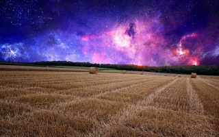 Field haybales night sky stars - galaxy free wallpaper