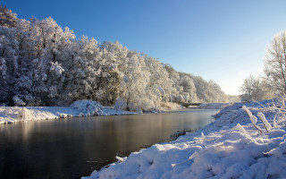 River snow trees bridge winter - free winter wallpaper