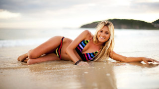 Beach bikini blonde smiling sand - a body of water free wallpaper