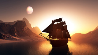 Ship ocean sunset mountains matte - free ship wallpaper
