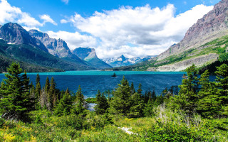 Scenic lake mountains boat trees - erin hanson free wallpaper