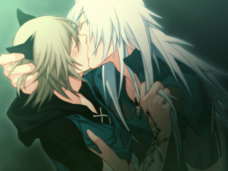Anime couple hugging dark room 2 - green light free wallpaper