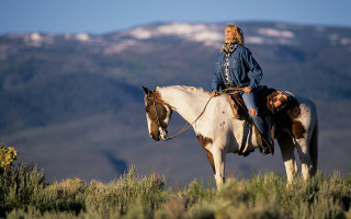 Woman horse mountains sunset outdoor - a horse in a field free wallpaper