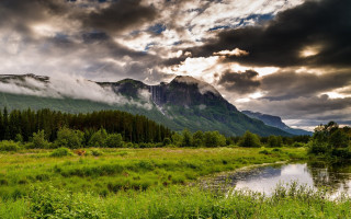 River forest mountains clouds landscape 2 - the background and a forest free wallpaper