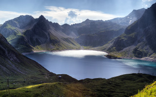 Lake mountains green field fence - in the foreground free wallpaper