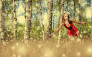 Woman red dress field outstretched - tall grass and trees free wallpaper