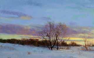 Snowy landscape trees sunset clouds 8 - impressionist painting free wallpaper