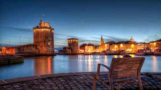 Bench stone walkway water night - bernard meninsky free wallpaper