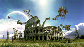 Ruined building sky balloon people - elysium free wallpaper