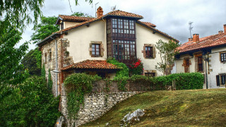 House stonewall redroof flowerpot architecture - front view free wallpaper