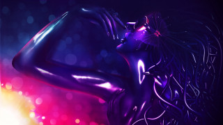 Woman purple bodysuit hands hips - shiny free wallpaper